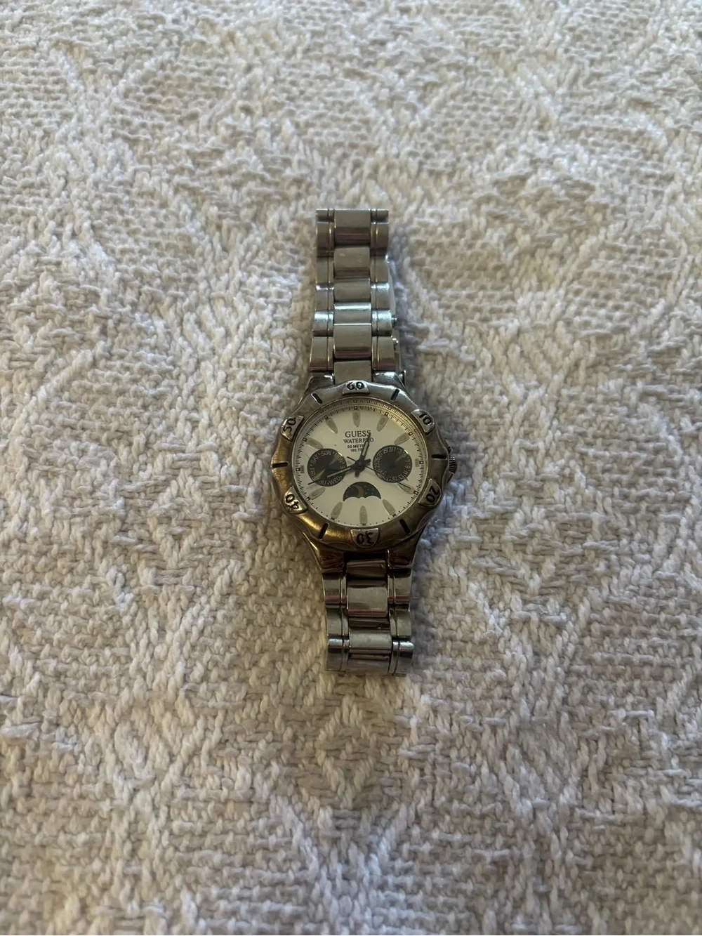 Vintage GUESS Waterpro Silver-Tone Men's Multi-Function Watch with Moon Dial